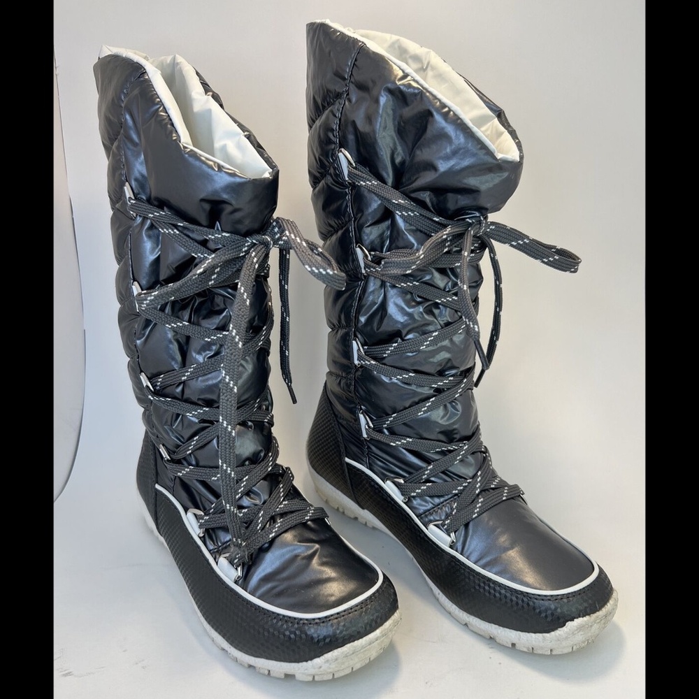 Totes Women's Aria 6M Pewter Waterproof Fur Lined Quilted Tie Boots